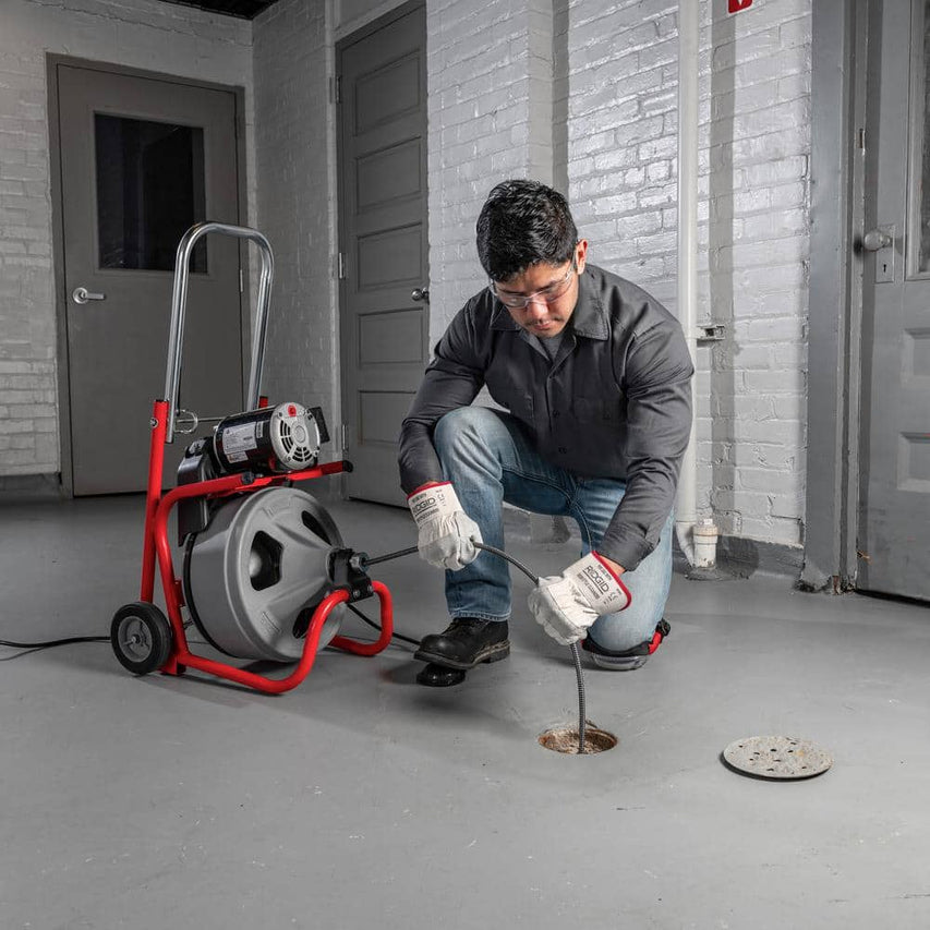 K-400 Drain Cleaning Snake Auger 120-Volt Drum Machine with C-32IW 3/8 in. x 75 ft. Cable + 4-Piece Tool Set & Gloves 52363