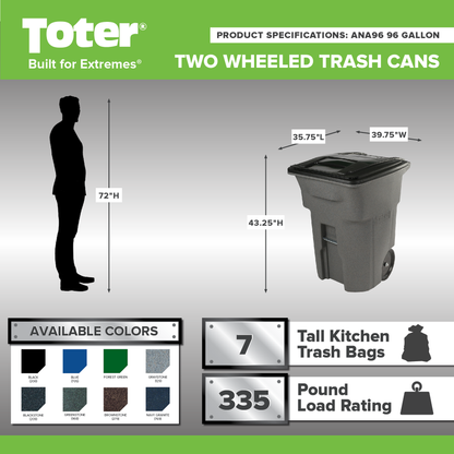 Toter 96 Gallon Trash Can with Smooth Wheels and Lid ;