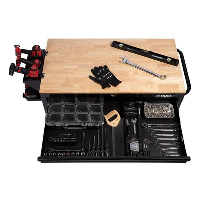 46-in W x 24.5-in D 9-Drawer Mobile Workbench with Hardwood Top and Power Station Gloss Black