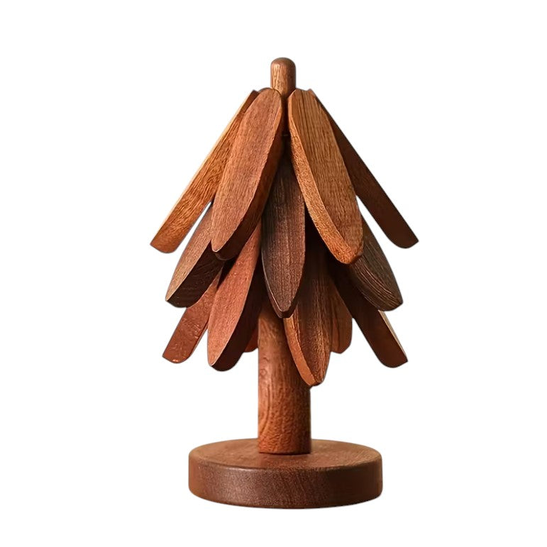 Mtelhub Handcrafted Wooden Tree-Design Heat-Resistant Coaster Set with Vertical Storage Stand Holder, Non-Slip Creative Leaf Trivets for Hot Dishes & Mugs