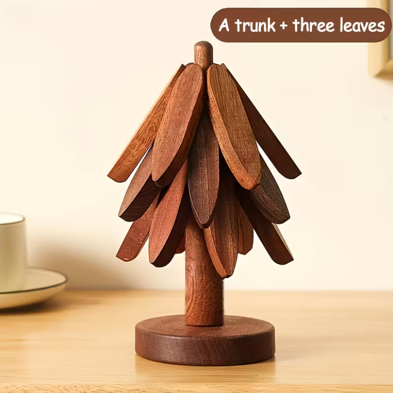 Mtelhub Handcrafted Wooden Tree-Design Heat-Resistant Coaster Set with Vertical Storage Stand Holder, Non-Slip Creative Leaf Trivets for Hot Dishes & Mugs