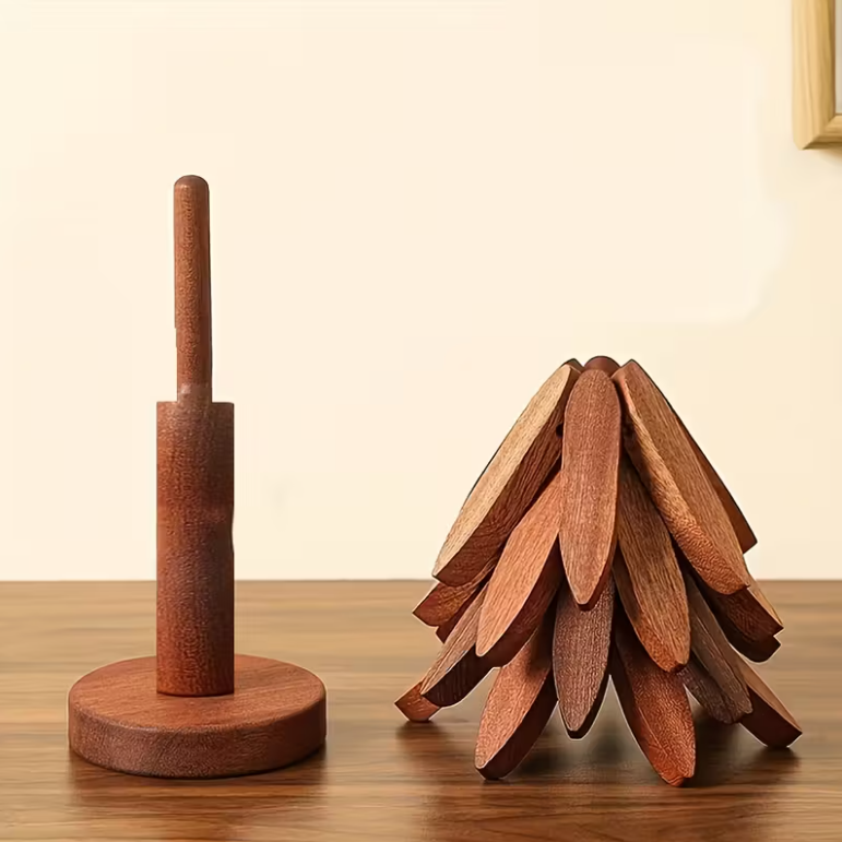 Mtelhub Handcrafted Wooden Tree-Design Heat-Resistant Coaster Set with Vertical Storage Stand Holder, Non-Slip Creative Leaf Trivets for Hot Dishes & Mugs