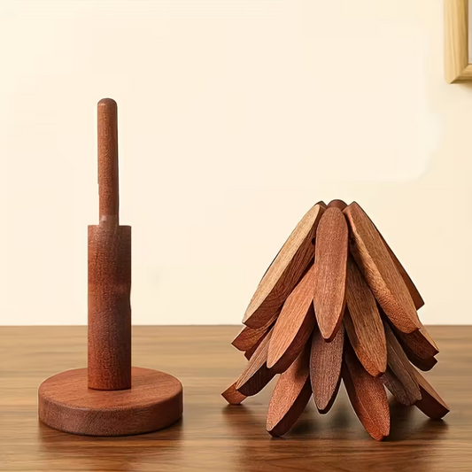 Mtelhub Handcrafted Wooden Tree-Design Heat-Resistant Coaster Set with Vertical Storage Stand Holder, Non-Slip Creative Leaf Trivets for Hot Dishes & Mugs
