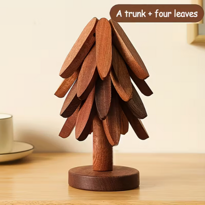 Mtelhub Handcrafted Wooden Tree-Design Heat-Resistant Coaster Set with Vertical Storage Stand Holder, Non-Slip Creative Leaf Trivets for Hot Dishes & Mugs