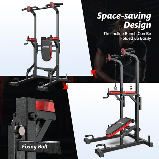 Pooboo Power Tower Dip Station, Pull-Up Bar, Supine Board, Adjustable