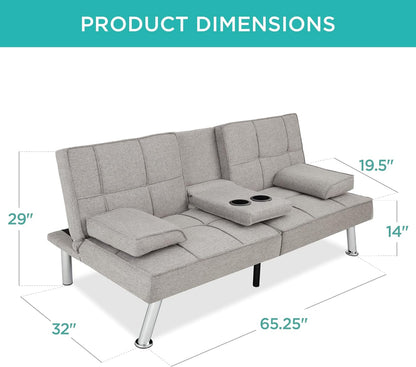 Best Choice Products Linen Upholstered Modern Convertible Folding Futon Sofa Bed for Compact Living Space, Apartment, Dorm, Bonus Room w/Removable Armrests, Metal Legs, 2 Cupholders - Gray