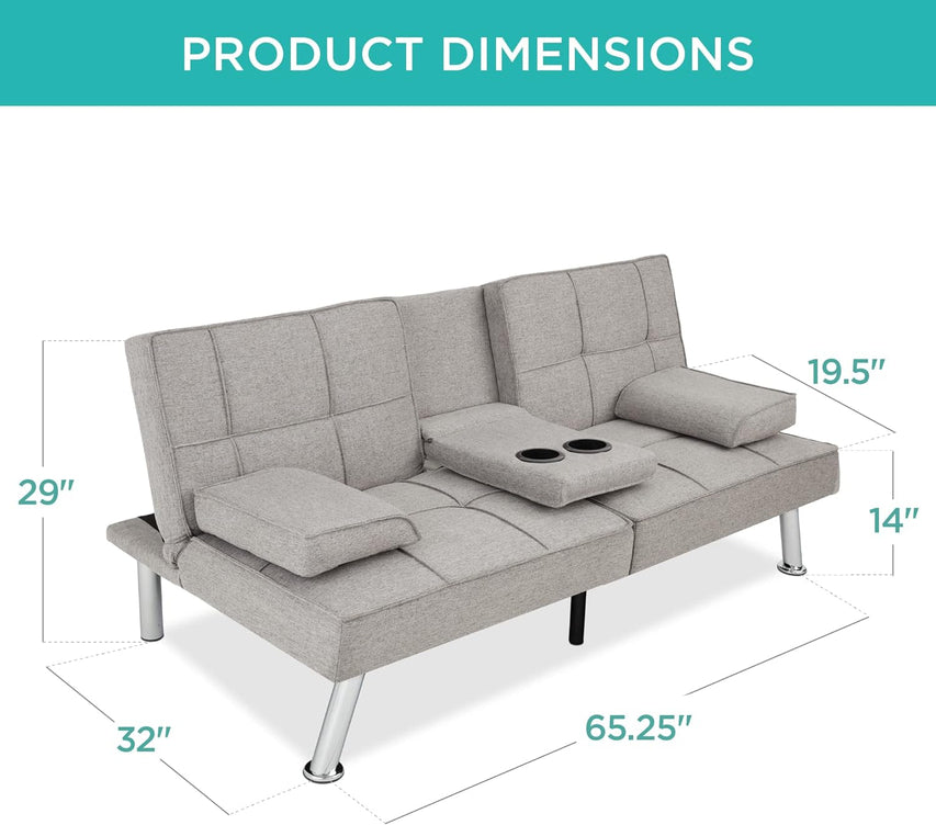Best Choice Products Linen Upholstered Modern Convertible Folding Futon Sofa Bed for Compact Living Space, Apartment, Dorm, Bonus Room w/Removable Armrests, Metal Legs, 2 Cupholders - Gray