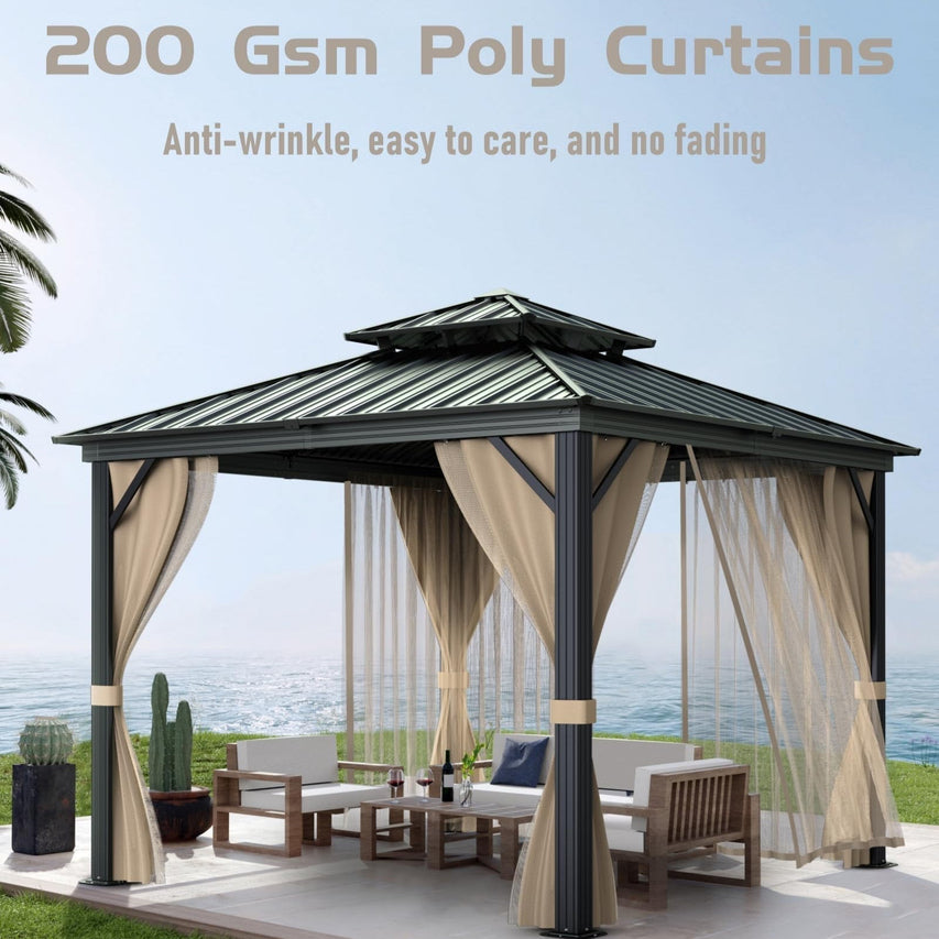10'x10′ Hardtop Gazebo with double metal roof, aluminum frame, net, and curtain. All-weather, ideal for patio, deck, garden, backyard. Khaki.