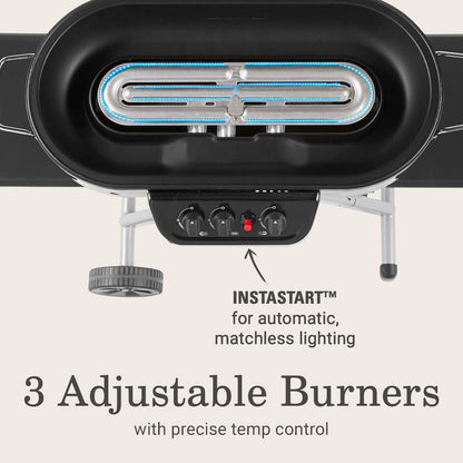 RoadTrip Portable Stand-Up Propane Grill with 3 Adjustable Burners & Instastart Ignition, 20,000 BTUs of Power for Outdoor Cooking