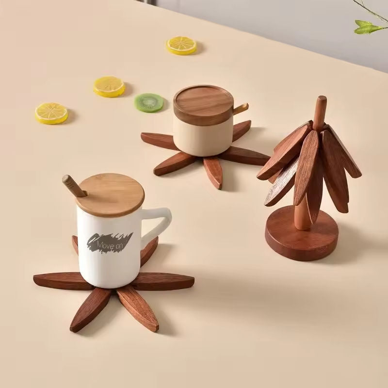 Mtelhub Handcrafted Wooden Tree-Design Heat-Resistant Coaster Set with Vertical Storage Stand Holder, Non-Slip Creative Leaf Trivets for Hot Dishes & Mugs