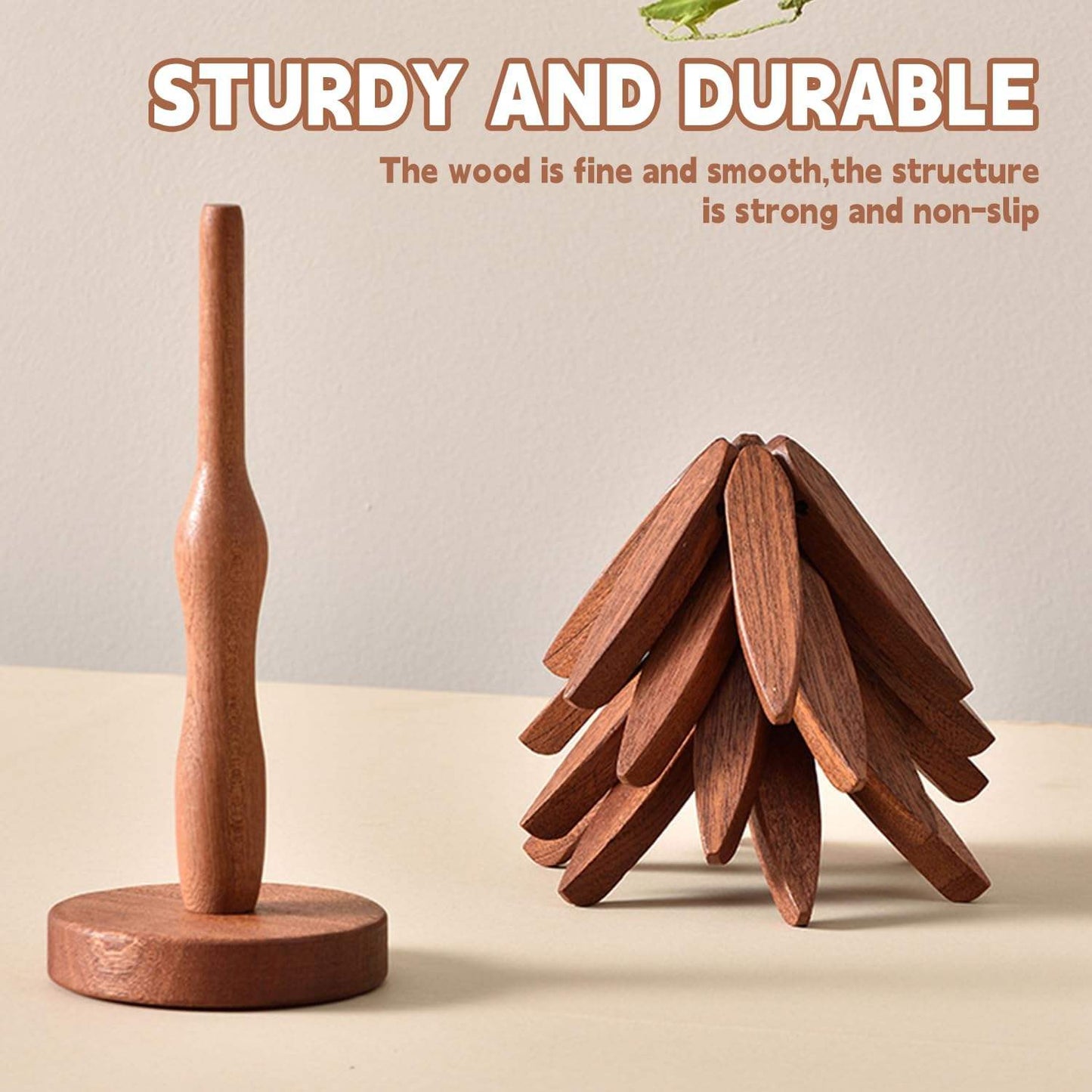 Mtelhub Handcrafted Wooden Tree-Design Heat-Resistant Coaster Set with Vertical Storage Stand Holder, Non-Slip Creative Leaf Trivets for Hot Dishes & Mugs
