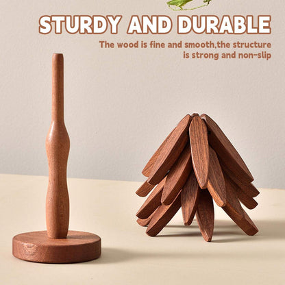 Mtelhub Handcrafted Wooden Tree-Design Heat-Resistant Coaster Set with Vertical Storage Stand Holder, Non-Slip Creative Leaf Trivets for Hot Dishes & Mugs