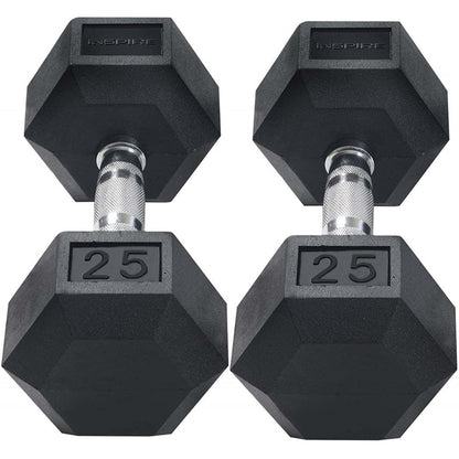 Inspire Fitness 210 lb. (5-30 lb.) Rubber Dumbbell Set with 6 pair Vertical Rack