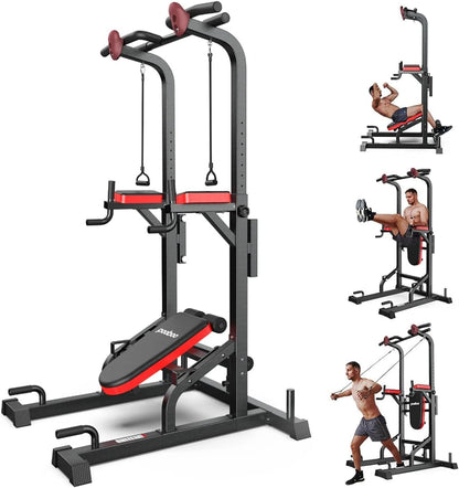 Pooboo Power Tower Dip Station, Pull-Up Bar, Supine Board, Adjustable