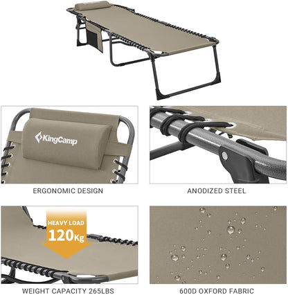 Adjustable 4-Position Folding Chaise Lounge Chair with Pillow Pocket, Supports 265lbs