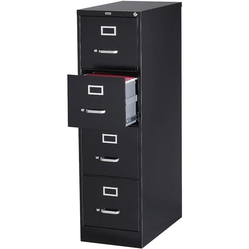 STAPLES 4-Drawer File Cabinet, Lockable, Black, 25"D x 15"W