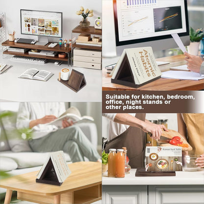 Mtelhub Handcrafted Solid Wood Triangle Book Rest with Integrated Mug Coaster & Glasses Holder Station