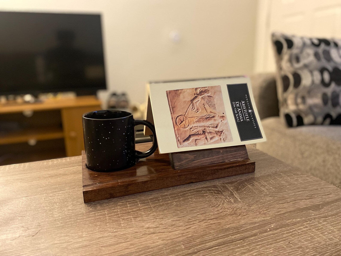 Mtelhub Handcrafted Solid Wood Triangle Book Rest with Integrated Mug Coaster & Glasses Holder Station