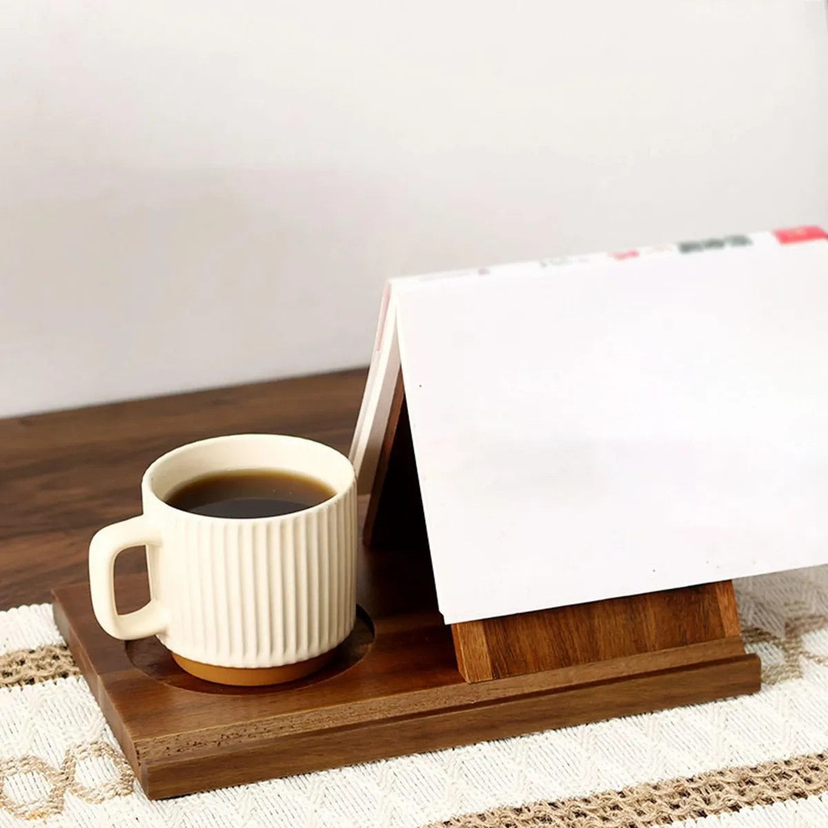 Mtelhub Handcrafted Solid Wood Triangle Book Rest with Integrated Mug Coaster & Glasses Holder Station