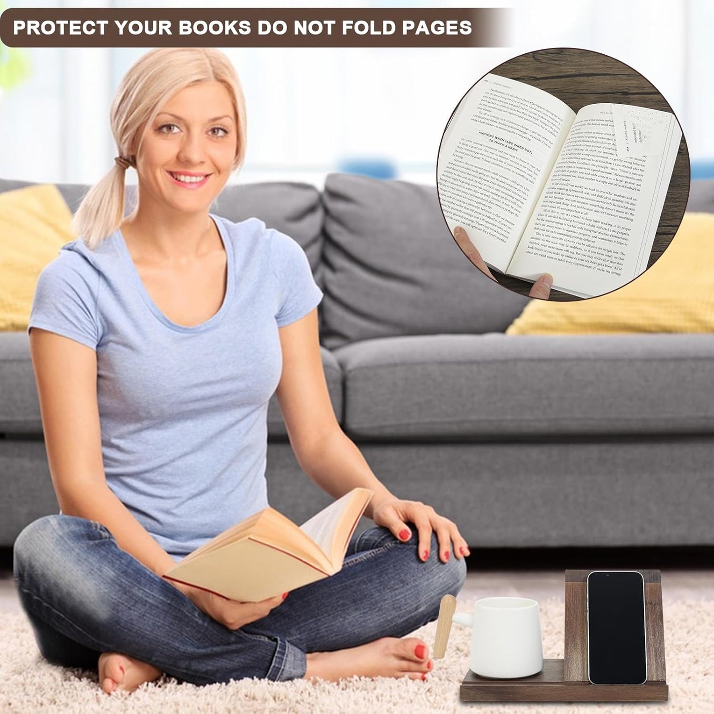 Mtelhub Handcrafted Solid Wood Triangle Book Rest with Integrated Mug Coaster & Glasses Holder Station