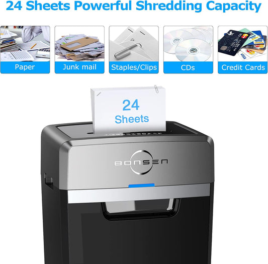 Heavy Duty Paper Shredder, 24-Sheet Cross-Cut Shredder, 40-Min Continuous Running Time, Commercial Grade Shredder for Office, 9-Gallon Big Basket, 55dB Super Quiet, P-4 High Security (S3105)