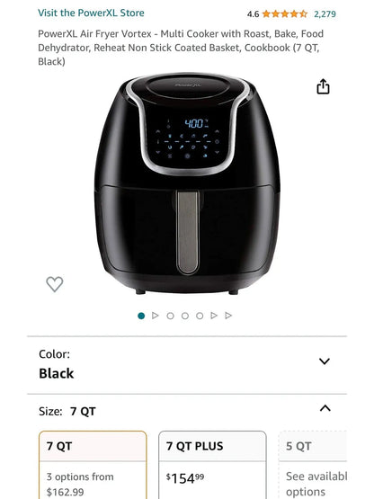 PowerXL Air Fryer Vortex Multi-Cooker, Roast/Bake/Dehydrate/Reheat, Non-Stick Basket, Includes Cookbook