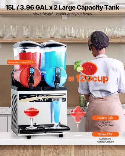 VEVOR Slushy Machine, 15Lx2 Double Tank Commercial Margarita Machine, 120 Cups Stainless Steel Margarita Smoothie Frozen Drink Machine, Slushie Machine for Home Party Restaurants Cafe Bars