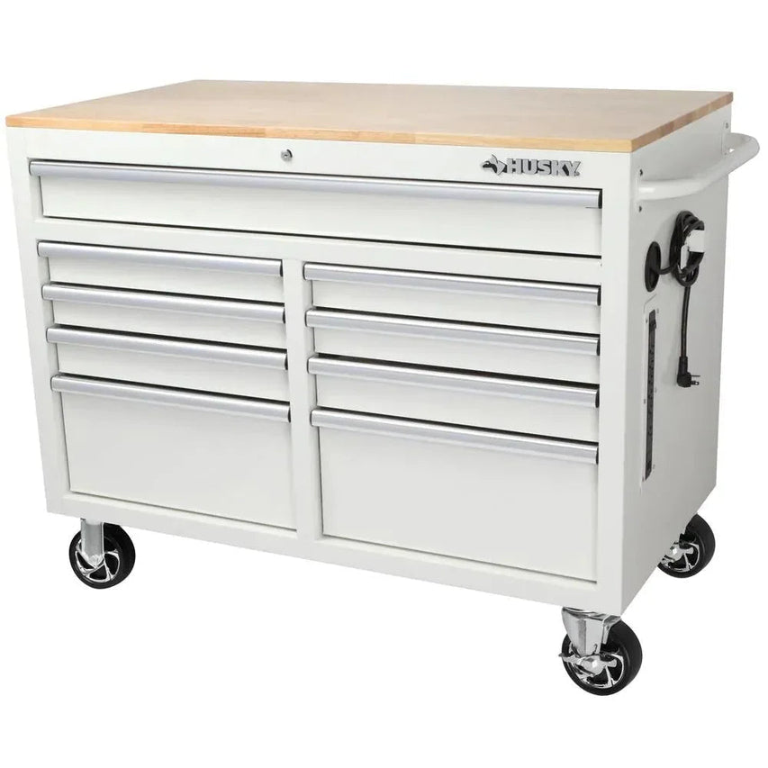 46-in W x 24.5-in D 9-Drawer Mobile Workbench with Hardwood Top and Power Station Gloss Black